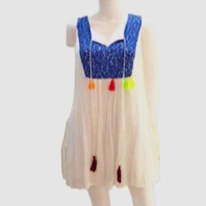 Sleeveless White Dress With Blue Lace Bodice & Multicolor Tassels